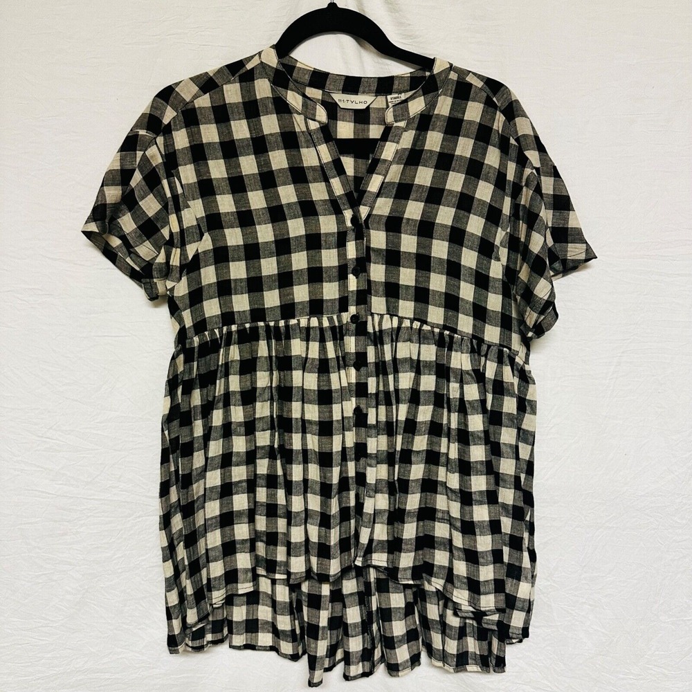 Anthropologie Linen Blend Top XS 11 1 TYLHO Gingham Boho Lagenlook Button Blouse